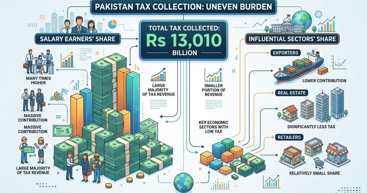 13010 ارب روپے ٹیکس جمع، تنخواہ داروں کا حصہ بااثر ایکسپورٹرز، رئیل اسٹیٹ اور ریٹیلرز سے کئی گنا زیادہ