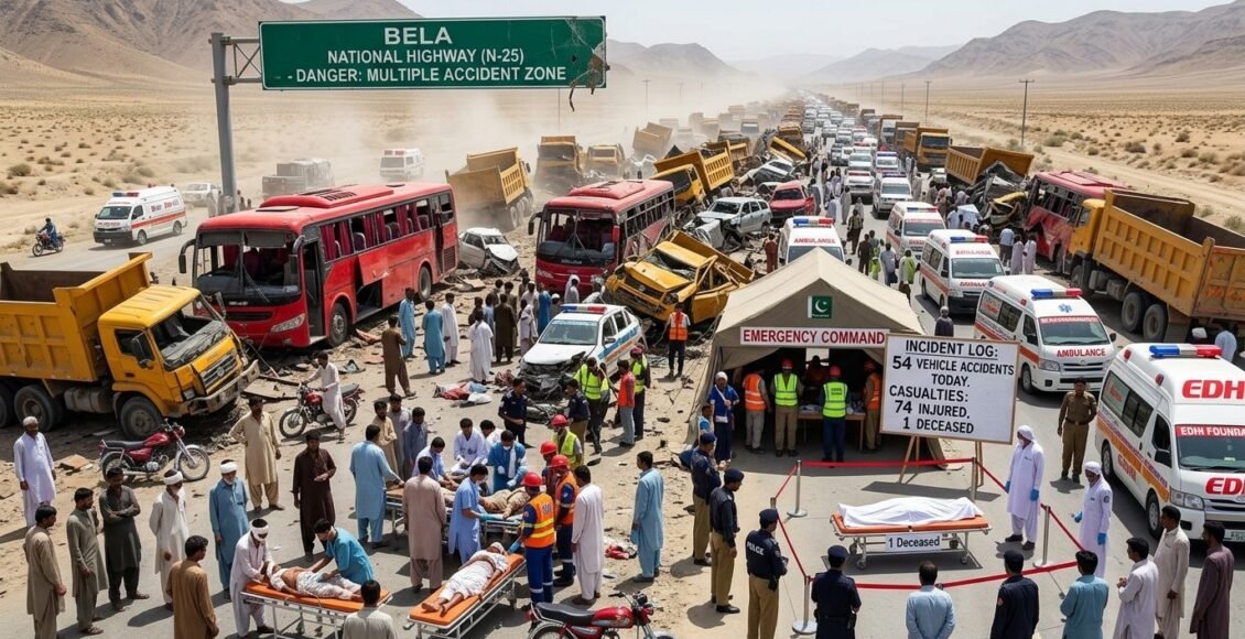 بیلا، بلوچستان کی قومی شاہراہوں پر ایک روز میں 54 ٹریفک حادثات، 74 افراد زخمی اور ایک جاں بحق
